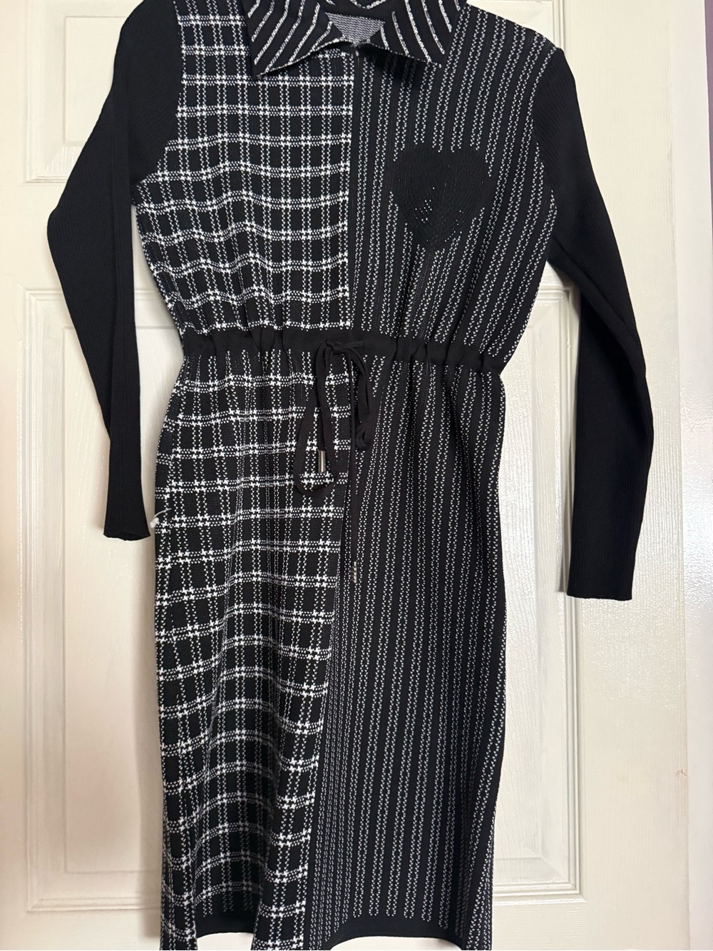 Black Patterned Knit Shirt Dress with Drawstring Waist-made in Thailand (NWOT)